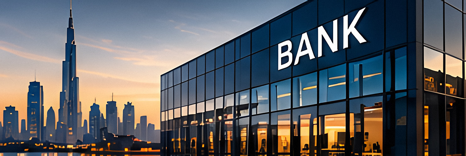 Bankgebäude in der Abenddämmerung