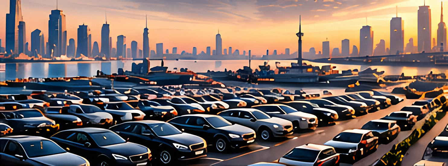 Fahrzeuglogistik vor internationaler Skyline